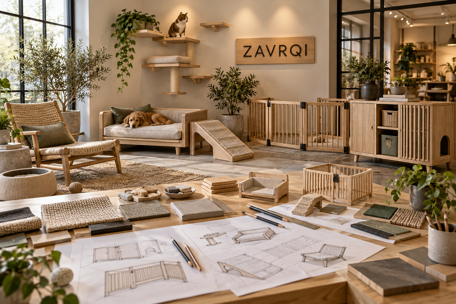 Zavrqi pet furniture studio with wooden beds, woven lounge, gentle ramp, safety gate, wall platforms and design sketches